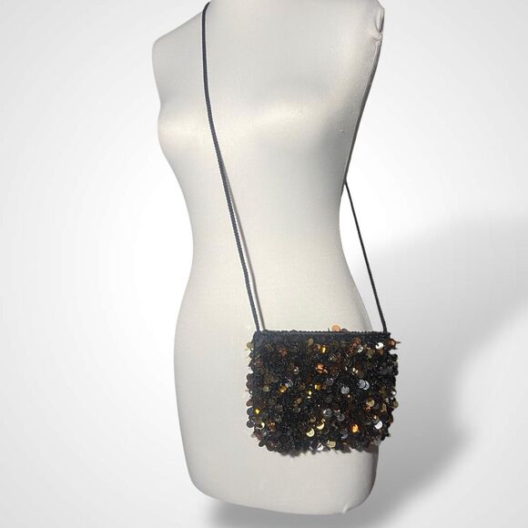 Black Evening Bag Beaded Purse Silver Gold Sequins Shoulder Bag 7.5 x 5.5" - Picture 7 of 7